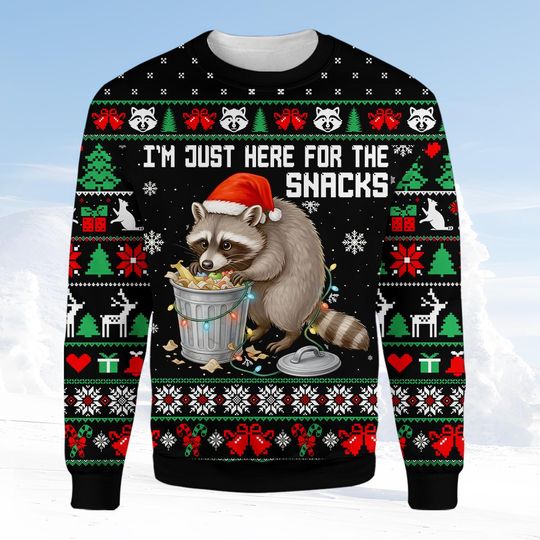Discover Cute Raccoon Fake Ugly Christmas Sweater, Im Just Here for the Snacks Ugly Xmas Sweatshirt, Black Holiday Pullover, Festive Party Gift