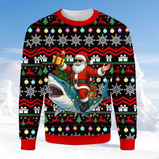 Discover Santa Shark Christmas Sweatshirt for Men Women, Fake Ugly Xmas Sweater, Santa Riding Shark Pullover, Holiday Christmas Gift Shirt