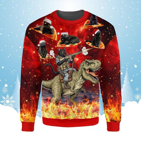 Discover Funny Fake Ugly Christmas Sweatshirt for Men Women, Black Cat Riding T-Rex Pizza in Space Shirt, Crazy Galaxy Xmas Pullover