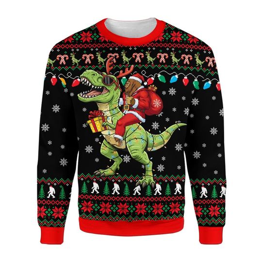 Discover Bigfoot Riding Dinosaur Christmas Sweatshirt, Funny Sasquatch T-Rex Holiday Design, Fake Ugly Sweater, Cool Xmas Gift for Men Women