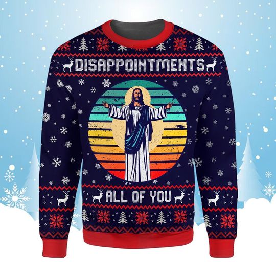 Funny Jesus Disappointments Ugly Christmas Sweater with Retro Sunset Christian Humor Holiday Sweatshirt