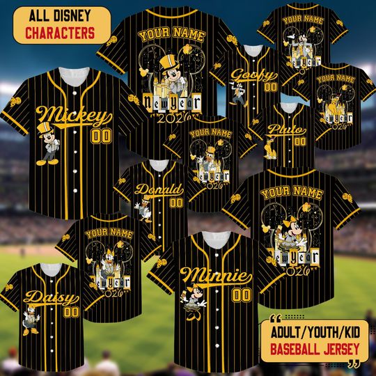 Discover Personalized Disney Mickey & Friends Castle New Year 2026 Baseball Jersey, Custom Happy New Year Jerseys, Family Disneyland Trip Shirts