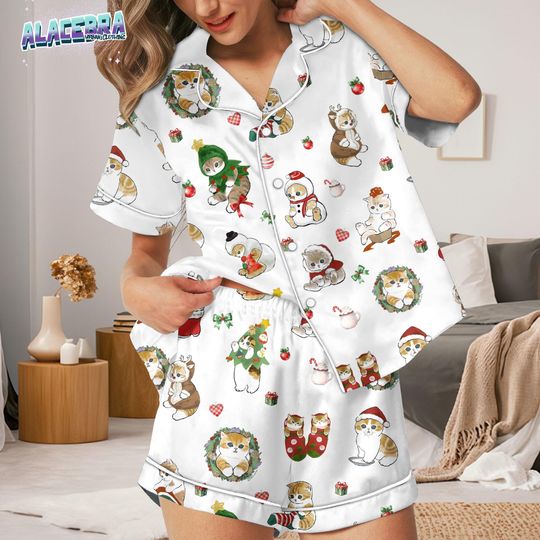 Discover Christmas Cat Pajamas Set, Cute Holiday Cat Print PJs, Women Satin Short Long Pajama Set, Cozy Christmas Loungewear, Cat Lover Gift