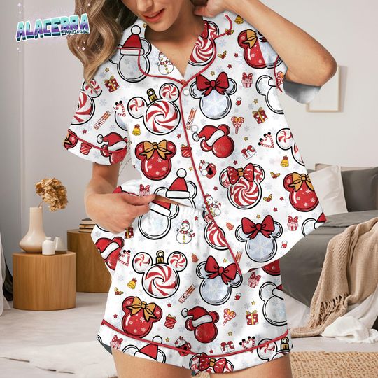 Discover Christmas Ornament Pajama Set, Cute Holiday Sleepwear, Festive Loungewear for Women, Red White Xmas PJs, Christmas Gift Pajama Set