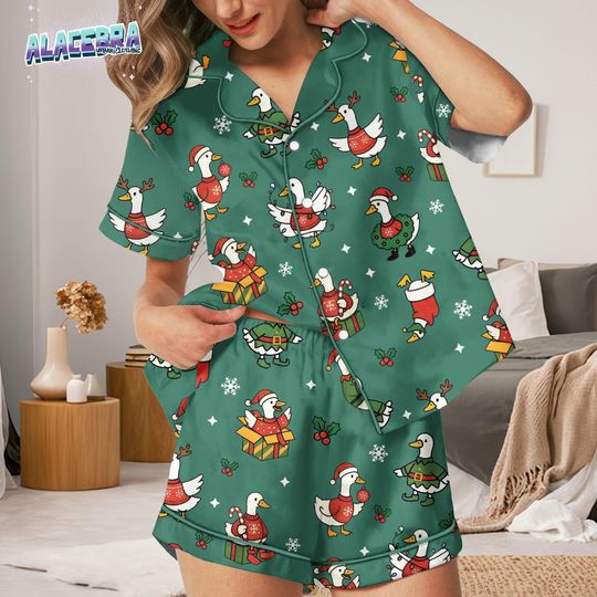 Discover Christmas Goose Pajama Set, Funny Holiday Sleepwear, Santa Duck PJs, Green Festive Loungewear, Cute Xmas Pajamas Gift for Her