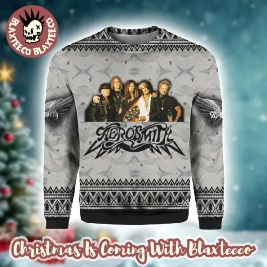 Discover Aerosmith1 Band Members Photo Wing Logo Grey Ugly Christmas Sweater S-5XL