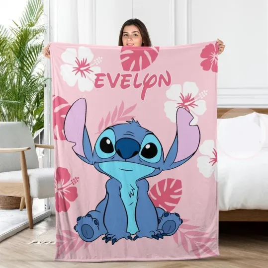 Discover Personalized Disney Stitch Hibiscus Tropical Pattern Pink Cozy Fleece Blanket
