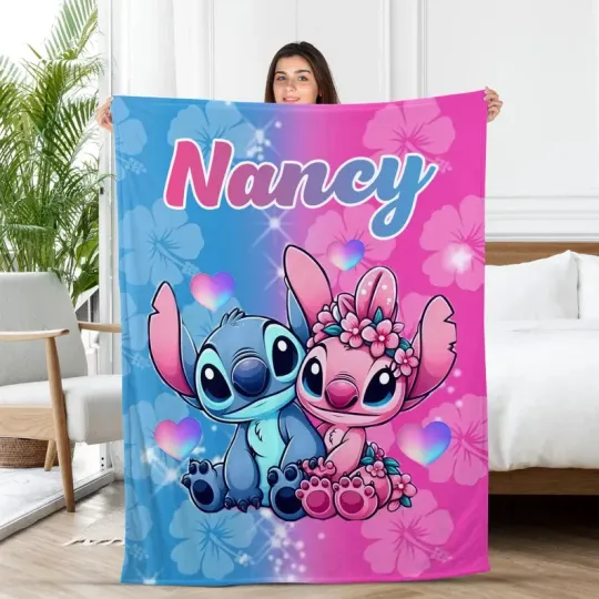 Discover Personalized Disney Stitch And Angel Sitting Pose Blue Pink Cozy Fleece Blanket