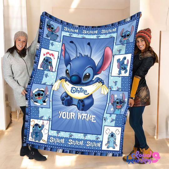 Discover Personalized Stitch Blue Fleece Blanket with Custom Name Lilo & Stitch Gift