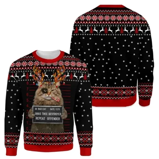 Discover Bad Cat Christmas Ugly Sweater Funny Xmas Tree Destroyer Sweatshirt