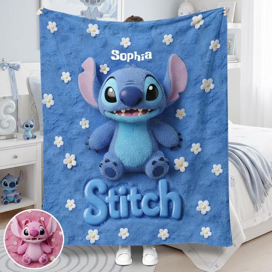 Discover Personalized Disney Stitch and Angel Fleece Blanket with 3D Stitch Design, Custom Name, Christmas Theme