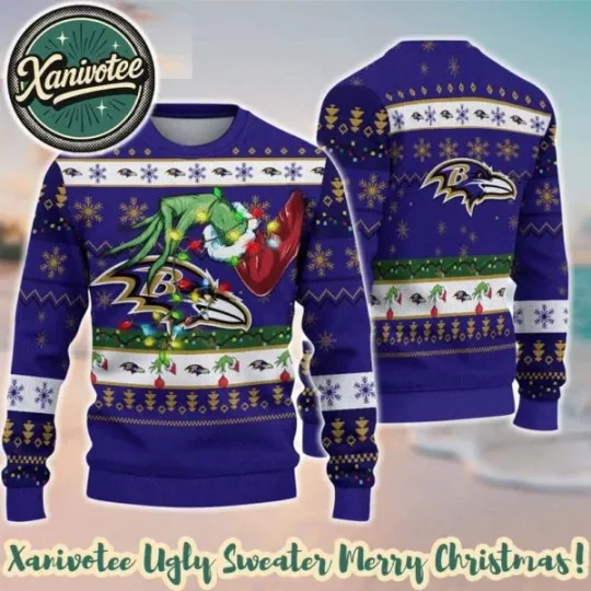 Discover Baltimore Raven funny character Hand Football 2025 Ugly Christmas Sweater Gift For