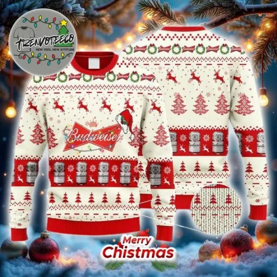Discover Budweiserr Reindeer Snowy Night Best 2025 Christmas Ugly Sweater