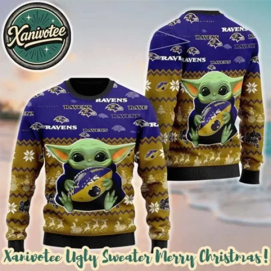 Discover Baltimore Raven football x Baby Yoda Hug The Ball 2025 Ugly Sweater