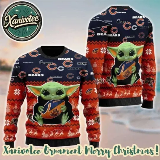 Discover Chicago Bear Baby Yoda Hug The Ball 2025 Ugly Christmas Sweater Gift For Holiday