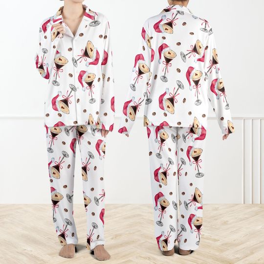 Espresso Martini Christmas Pajama Set for Women, Holiday Cocktail PJs with Santa Hat, Coffee Martini Xmas Sleepwear