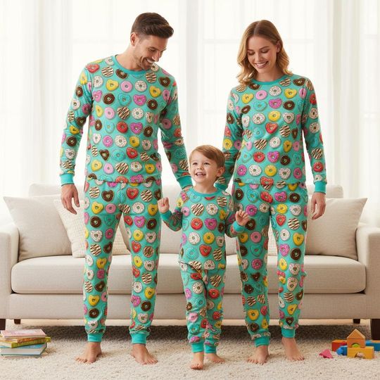 Discover Donut Family Pajamas Set, Long Sleeve Top & Pants, Matching Sleepwear for Adults, Xmas Gift