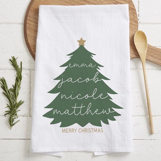Discover Merry Name Evergreen Personalized Tea Towel  Custom Christmas Kitchen Towel  Holiday Hand Towel  Personalized Hostess Gift