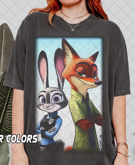 Discover Retro 90's Comfort Colors Nick Wilde & Judy Hopps Shirt, Zootopia Inspired Tee, Cute Cartoon Animal Couple Gift