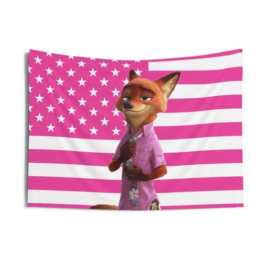 Nick Wilde Flag, Nick Wilde Indoor Wall Tapestries, Nick Wilde Zootopia Pink Flag