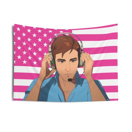 Discover Robert Robertson Headphone Flag, Mecha Man Indoor Wall Tapestries, Mecha Man Dispatch Pink Flag