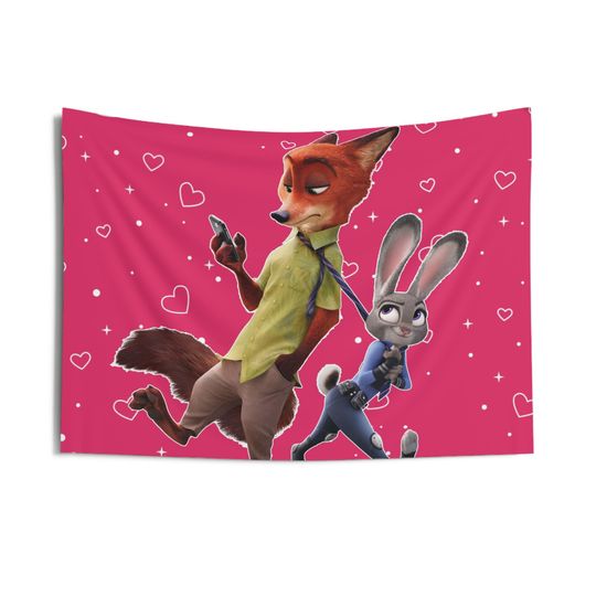 Discover Judy Hopps and Nick Wilde Zootopia Pink Heart Flag, Nick Wilde Indoor Wall Tapestries, Judy Hopps Flag