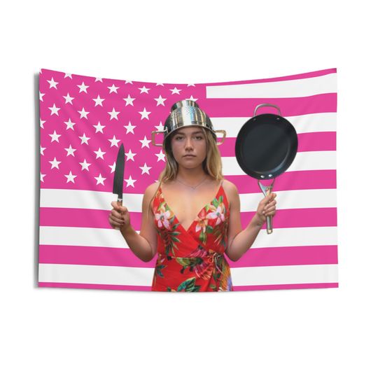 Discover Cooking Florence Pugh Flag, Florence Pugh Indoor Wall Tapestries, Florence Pugh Pink Flag