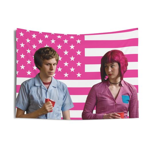 Scott and Ramona - Michael Cera Mary Elizabeth Winstead Tapestries, Scott Pilgrim Pink Flag, Ramona Flowers Indoor Wall Tapestries