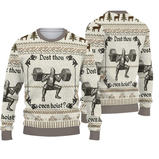 Medieval Lifting Christmas Sweater, Funny Beige Holiday Jumper with Knight and Dost Thou Even Hoist Quote, Gym Lover Festive Gift