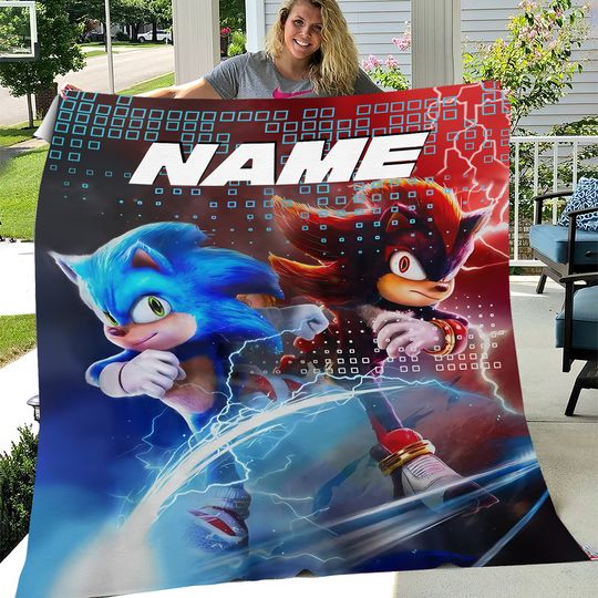 Sonic Hedgehog Movie Blanket with Name, Sonic Birthday Gift for Kids, Sonic Sherpa Blanket