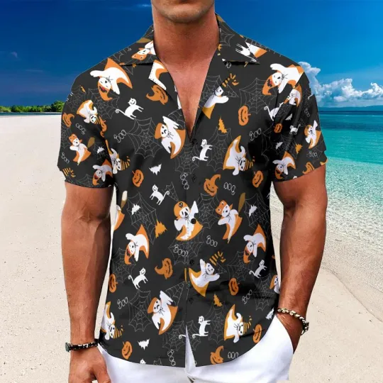 Halloween Ghost Hawaiian Shirt for Men, Black Orange Spooky Pumpkin Bat Shirt