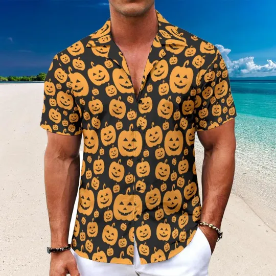 Discover Halloween Pumpkin Shirt Men Black Orange Hawaiian Shirt Funny Spooky Holiday Par