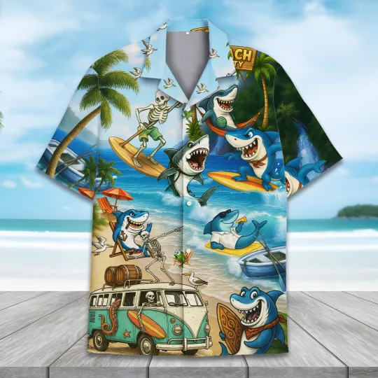 Discover Shark Skeleton Hawaiian Shirt Funny Beach Button Up Short Sleeve for Adults amp