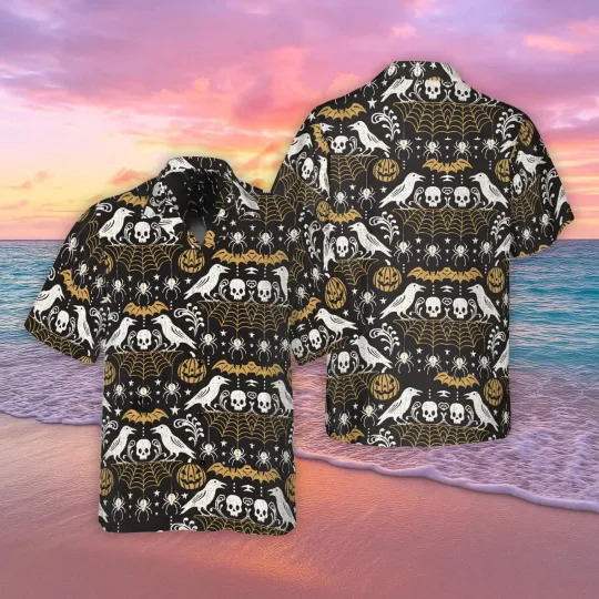 Discover Halloween Eve Black Hawaiian Shirt For Men Pumpkin Bat Crow Button Shirt Spider