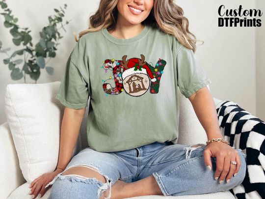 Discover Christmas Joy Comfort Colors Shirt, Nativity Christmas Lights Shirt, Religious Christmas Shirt,  Merry Christmas Gift, Santa Hat Joy Shirt