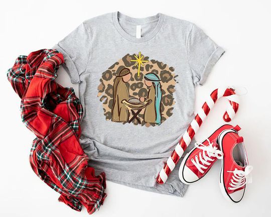 Discover Christian Christmas Shirt, Womens Christmas Gifts,Jesus Leopard Print Religious Christmas Tee,Christmas Gift For Mom,Christian Nativity Gift