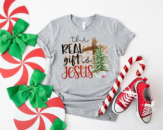 Discover The Real Gift Is Jesus Shirt, Christians Christmas Gift,Christmas Cross Shirt,Christmas Tree Shirt,Religious Christmas Shirt,Xmas Gift Shirt