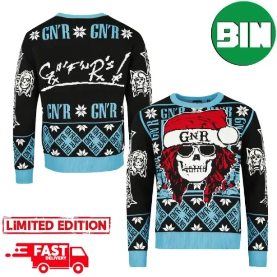 Gun And Rose Skull Logo Snowflakes Pattern Christmas Blue Xmas Gift Ugly Sweater