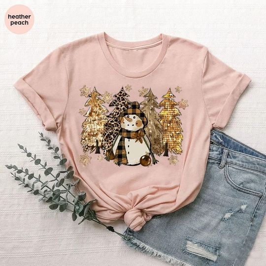 Discover Snowman Shirt, Christmas Trees Shirt, Leopard Print Christmas Tree Shirt, Christmas Gift For Her, Womens Christmas Shirt,Family Winter Shirt