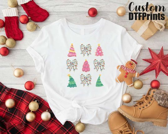 Discover Christmas Lights Coquette Bow Shirt, Pink Christmas Tree Tshirt, Gift For Christmas