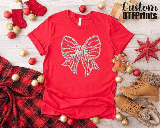 Discover Womens Christmas Shirt, Christmas Lights Coquette Bow Shirt, Girls Xmas Tee