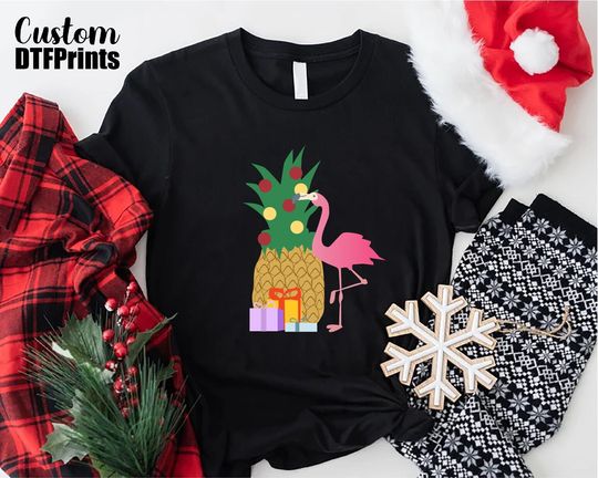 Discover Pineapple Christmas Tree Tshirt, Summer Christmas Shirt, Xmas Flamingo Tee