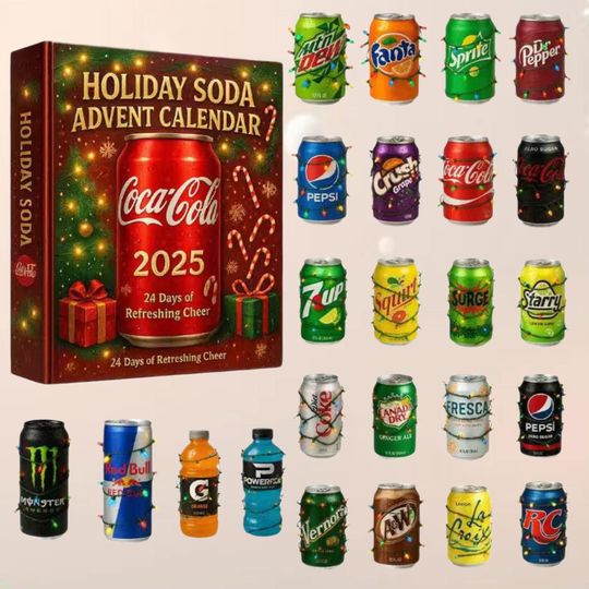 Discover 2025 Holiday Soda Advent Calendar, Gift for Beverage Lovers, Refreshing Drink Countdown Set, Colorful Beverage Collectible,Soda pop ornament