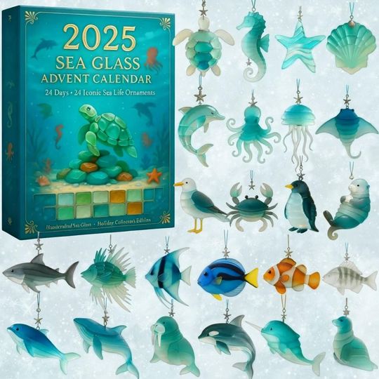 Discover Sea Glass Advent Calendar 2025, Beach Themed Christmas Gift, 24 Ocean Ornaments, Holiday Decor Countdown, Christmas Gift, 24 Days Figurines