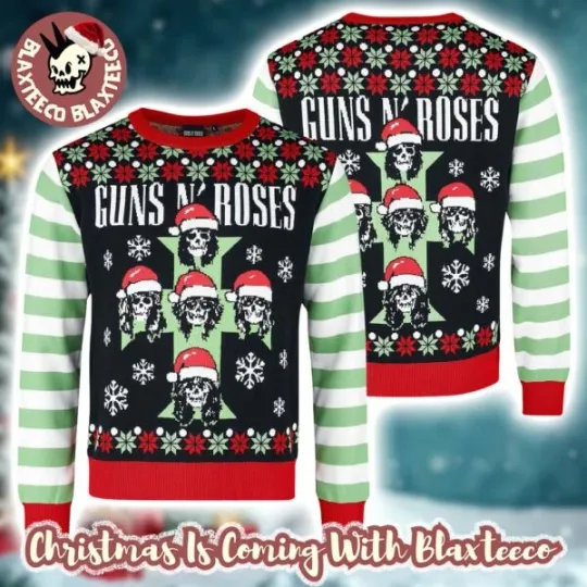 Gun And Rose Skeletons Santa Hats Xmas Holiday Jumper Ugly Christmas Sweater
