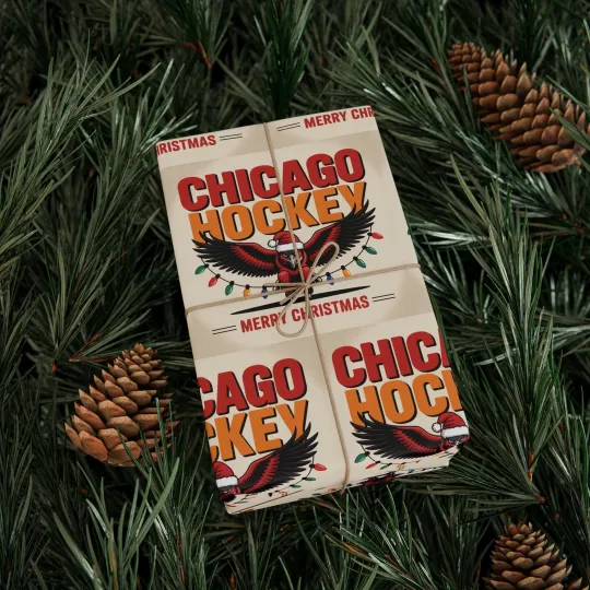 Discover Chicago Hockey Merry Christmas Wrapping Paper Gift Wrap Sports Fan Blackhawks