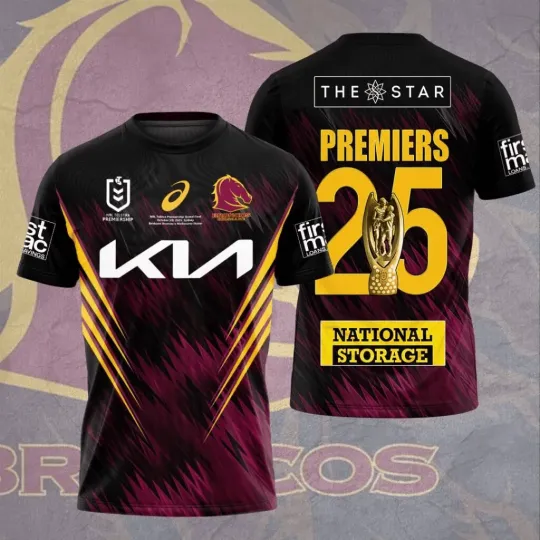 Discover Brisbane Broncos 2025 NRL Premiers 3D T-Shirt