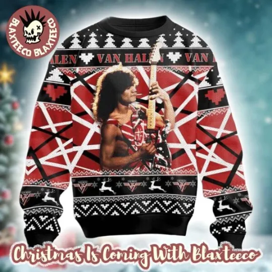 Discover van Rock Band Eddie Runnin The Devil Guitar Signature Ugly Xmas Sweater