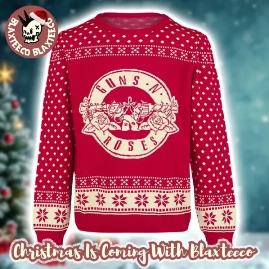 Discover Gun And Rose Big Logo With Snowflakes Pattern Knitted Red Christmas Ugly Sweater