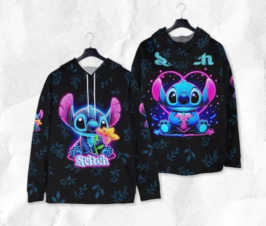 Discover We're Never Too Old For Stitch Neon Lilo & Stitch Cartoon Fan Hoodie 3D Printed